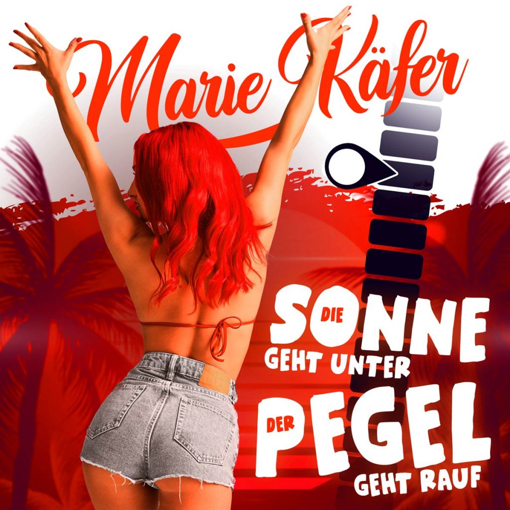 Marie Käfer mit roten Haaren und Hintern. Single-Cover von Lied Die Sonne geht unter der Pegel geht rauf